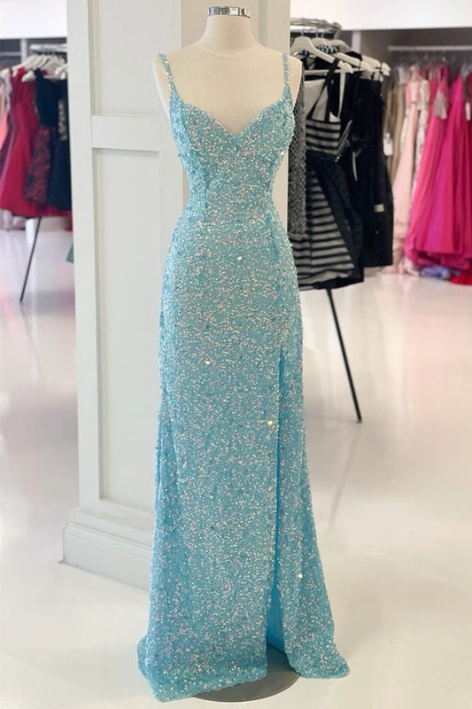 Glitter Mermaid Spaghetti Straps Satin Beaded Slit Long Prom Dress,Evening Dress GG1959