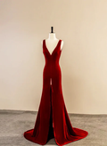 Sexy A Line V Neckline Wine Red Velvet Slit Long Prom Dress, Evening Dress  GG196