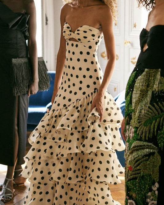 Pretty Strapless A Line Polka Dots Chiffon Tiered Long Prom Dress,Evening Dress GG1976