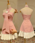 Pretty A Line Strapless Pink Satin With White Pleated Hem Short Prom Dress,Homecoming Dress,Evening Dress GG1996