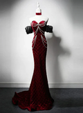 Exquisite Mermaid Sweetheart Off The Shoulder Wine Red Velvet Beaded Long Sweep Prom Dress, Evening Dress GG199