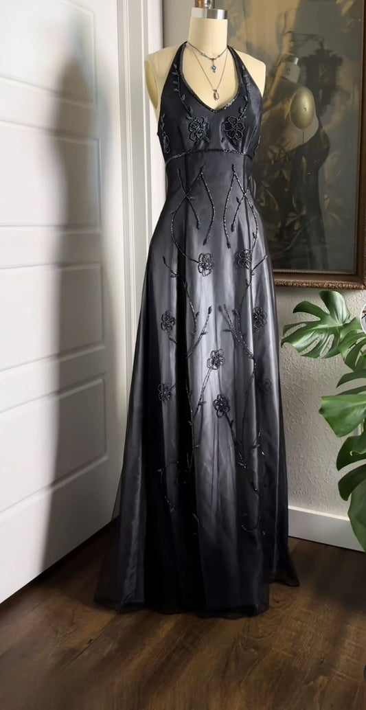 Pretty A Line Halter Satin Beaded Applique Long Prom Dress,Evening Dress GG2012