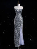 Sparkly Mermaid Spaghetti Straps Silver Sequin Slit Long Prom Dress,Evening Dress GG2048