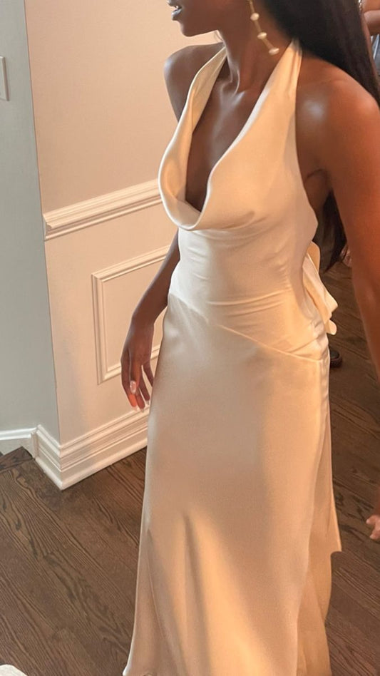 Elegant Mermaid Halter White Satin Long Prom Dress,Evening Dress GG2054