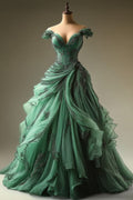 Green Ball Gown Tulle Off The Shoulder Long Prom Dress,Wedding Dress,Evening Dress GG2058