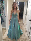 Glitter A Line Spaghetti Straps Satin Sequin Long Prom Dress,Evening Dress GG2107
