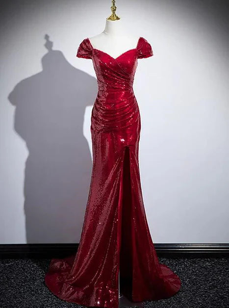 Shiny Mermaid Red Sequins Off The Shoulder Split Long Prom Dresses ,Evening Dresses GG211