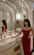 Elegant Mermaid Strapless Burgundy Satin Pleated Long Prom Dress,Evening Dress GG2138