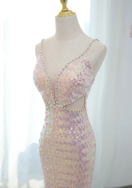 Lovely Sequins Mermaid V Neckline Straps  Pearl Long  Prom Dress, Evening Dresses GG213