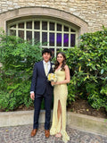 Pretty Mermaid Spaghetti Straps Pastel Yellow Satin Lace Slit Long Prom Dress,Evening Dress GG2141