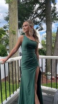 Classy Mermaid One Shoulder Dark Green Satin Pleated Slit Long Prom Dress,Evening Dress GG2142