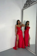 Sexy Mermaid Strapless Red Satin Beaded Slit Long Prom Dress,Evening Dress GG2154