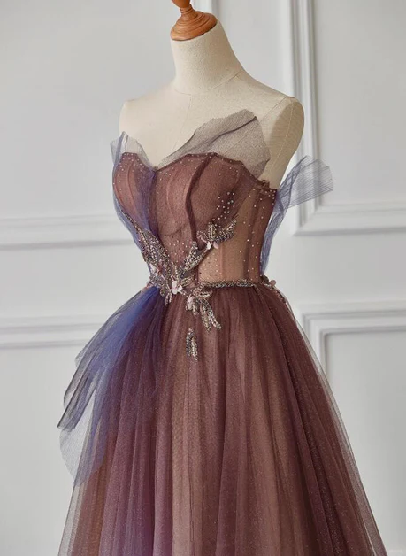 Delicate A Line Strapless Sweetheart Purple Gradient Tulle Beaded Long Prom Dress,  Evening Dresses GG215