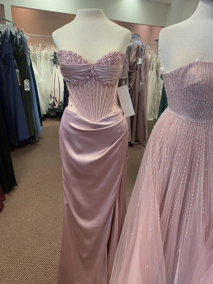 Gorgeous Mermaid Strapless Satin Pleated Beaded Slit Long Prom Dress,Party Dress,Evening Dress GG2171