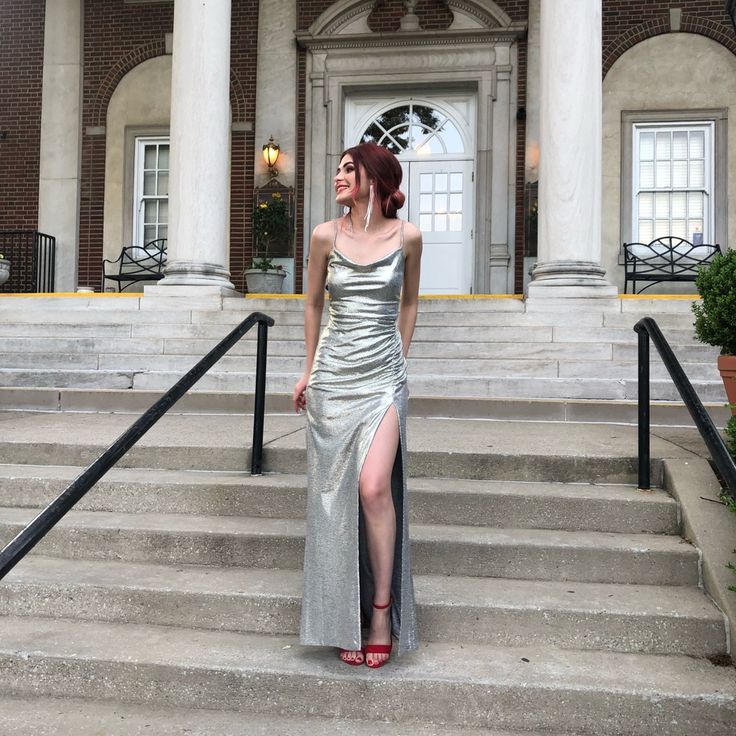 Glitter Mermaid Spaghetti Straps Silver Satin Pleated Slit Long Prom Dress,Party Dress,Evening Dress GG2172