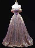 Glitter Pink A Line Off The Shoulder Strapless Sequins Long Prom Dress, Evening Dresses GG219