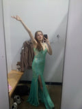 Gorgeous Mermaid Spaghetti Straps Mint Green Satin Sequin Slit Long Prom Dress,Party Dress,Evening Dress GG2217