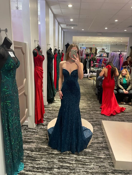 Stunning Mermaid Sweetheart Dark Teal Tulle Lace Sequin Long Prom Dress,Party Dress,Evening Dress GG2275