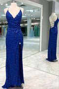 Charming Mermaid Halter Straps Royal Blue Satin Sequin Slit Long Prom Dress,Party Dress,Evening Dress GG2281