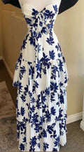 Unique A Line Strapless Chiffon Printing Tiered Long Prom Dress,Party Dress,Evening Dress GG2295