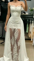 Vintage Mermaid Strapless White Satin Lace Long Prom Dress,Wedding Dress,Evening Dress GG2299