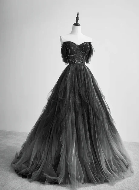 Chic A Line Sweetheart Black Tulle Gradient With Beadings Long Prom Dresses,Black Evening Dress  GG230