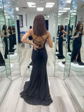 Classy Mermaid Halter Straps Black Satin Sequin Slit Long Prom Dress,Party Dress,Evening Dress GG2315