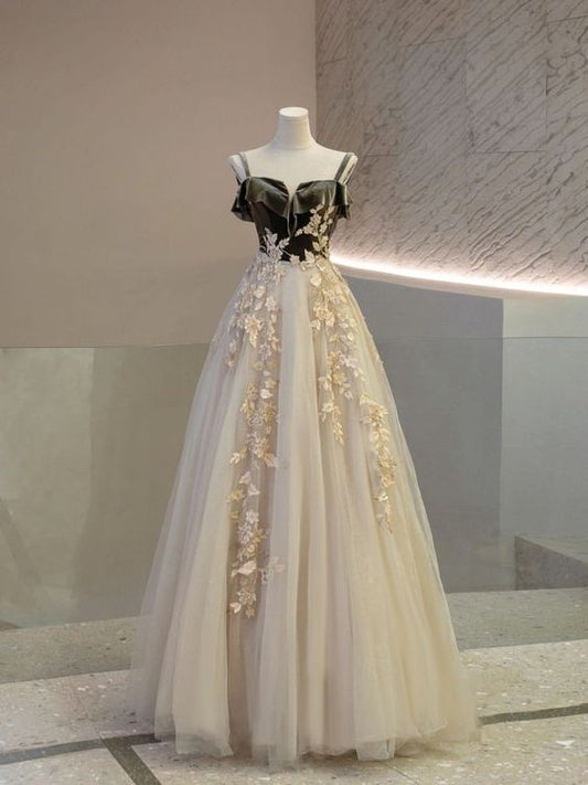 Classy A Line Spaghetti Straps Tulle Applique Long Prom Dress,Party Dress,Evening Dress GG2339