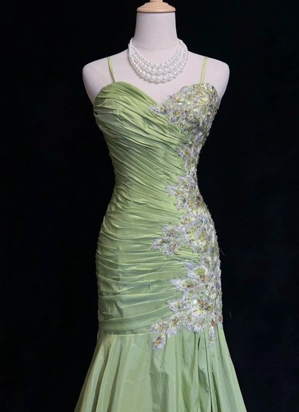 Vintage Mermaid Spaghetti Straps Satin Applique Beaded Long Prom Dress,Party Dress,Evening Dress GG2366
