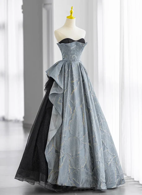 Glam A Line Sweetheart Strapless Blue-Grey Long Prom Dress,Evening Dress GG237