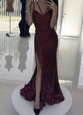 Sexy Mermaid Spaghetti Straps Tulle Beaded Slit Long Prom Dress,Party Dress,Evening Dress GG2390