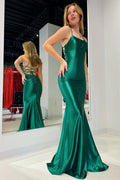 Elegant Mermaid Spaghetti Straps Green Satin Long Prom Dress,Party Dress,Evening Dress GG2404