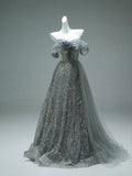 Classy A line Off The Shoulder Tulle Sequin Long Prom Dress, Party Dress, Evening Dress GG2418