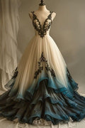Vintage Ball Gown V Neck Tulle Applique  Long Prom Dress, Party Dress, Evening Dress GG2423