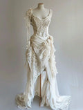 Vintage A Line Spaghetti Straps Light Ivory Chiffon Lace Long Prom Dress, Wedding Dress, Evening Dress GG2444