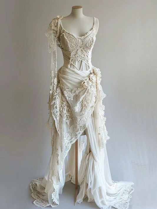 Vintage A Line Spaghetti Straps Light Ivory Chiffon Lace Long Prom Dress, Wedding Dress, Evening Dress GG2444