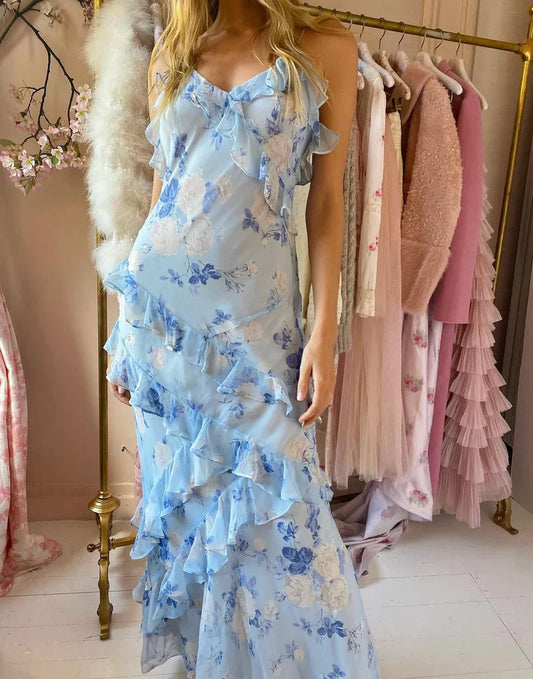 Fairy Mermaid Spaghetti Straps Chiffon Printing Ruffles Long Prom Dress, Party Dress, Evening Dress GG2449