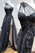 Elegant A Line One Shoulder Black Tulle Applique Long Prom Dress, Party Dress, Evening Dress GG2457