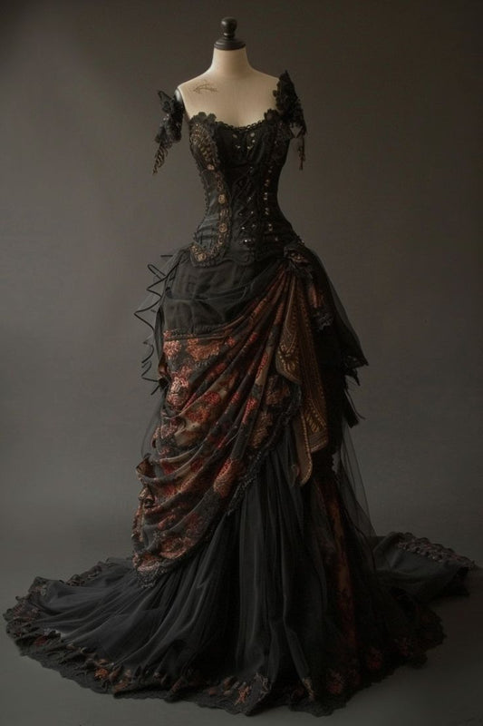 Glamorous A Line Corset Satin Chiffon Printing Long Prom Dress, Party Dress, Evening Dress GG2469