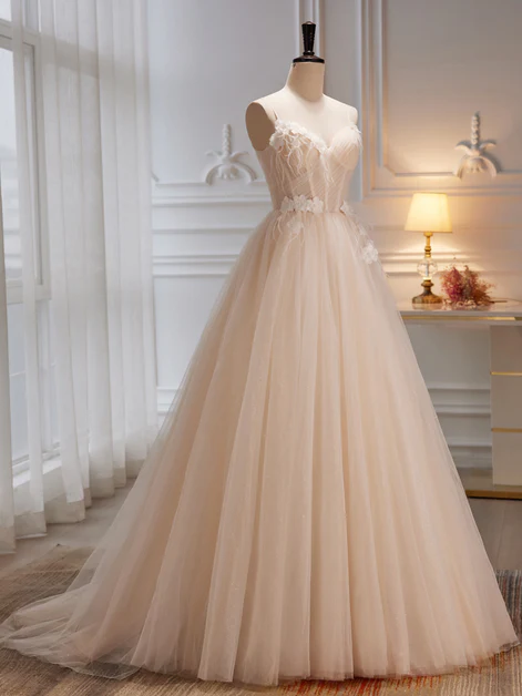 Elegant A Line Spaghetti Straps Lvory Tulle with Flowers  Long Prom Dress,Evening Dress  GG246