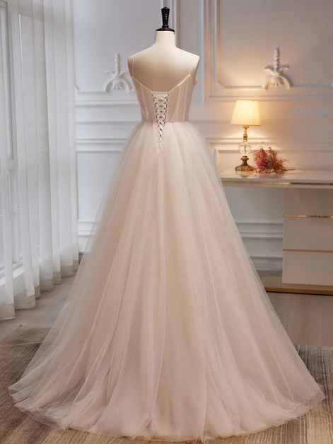 Elegant A Line Spaghetti Straps Lvory Tulle with Flowers  Long Prom Dress,Evening Dress  GG246