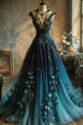Gradient A Line Chiffon Applique Long Prom Dress, Party Dress, Evening Dress GG2510