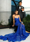 Sexy A Line Strapless Royal Blue Lace Long Prom Dress, Party Dress, Evening Dress GG2518