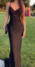 Elegant Mermaid Spaghetti Straps Black Satin Applique Long Prom Dress, Party Dress, Evening Dress GG2519