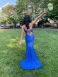 Elegant Mermaid Spaghetti Straps Royal Blue Satin Beaded Long Prom Dress, Party Dress, Evening Dress GG2522