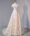 Exquisite A Line Off The Shoulder Light Champagne Applique Floral Long Prom Dress, Evening Dress GG253