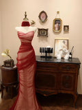 Classy Mermaid Strapless Burgundy Tulle Long Prom Dress, Party Dress, Evening Dress GG2532
