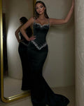 Classy Mermaid Spaghetti Straps Black Satin Beaded Long Prom Dress, Party Dress, Evening Dress GG2559