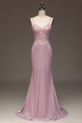 Glitter Mermaid Spaghetti Straps Dusty Rose Beading Applique Long Prom Dress,Evening Dresses  GG257