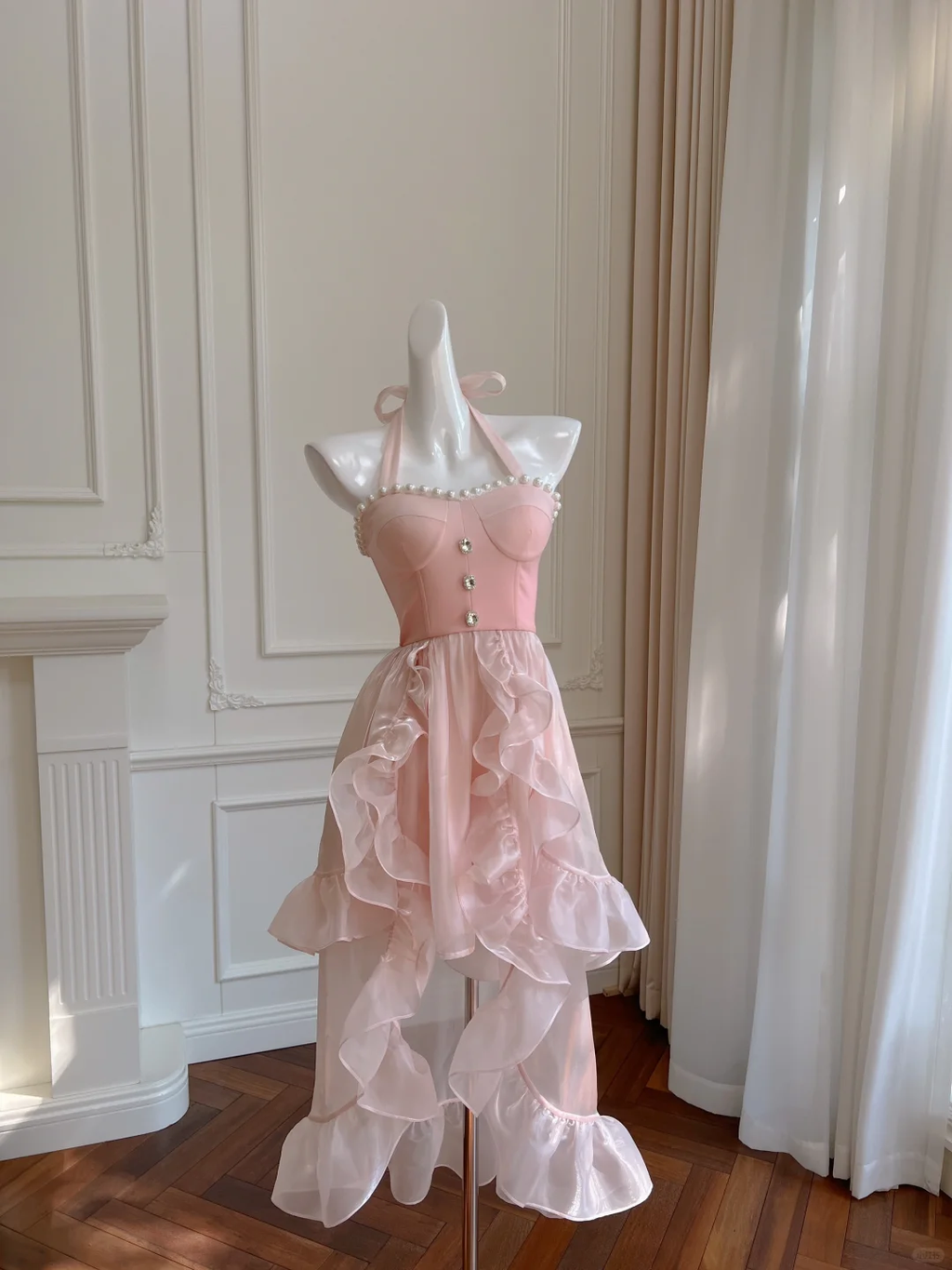 Cute A Line Halter Pink Satin Chiffon High-Low Long Prom Dress, Party Dress, Evening Dress GG2582